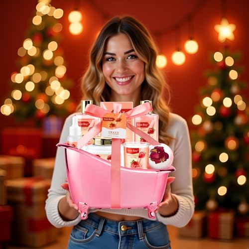 Spa Kit for Women, Bath & Body Gift Set, Luxury Home Spa Bath Gift Basket, Strawberry Scented Bath Set Christmas Gifts for Women with Shea Butter Lotion, Pamper Gifts for Girls & Teens, Birthday Gift