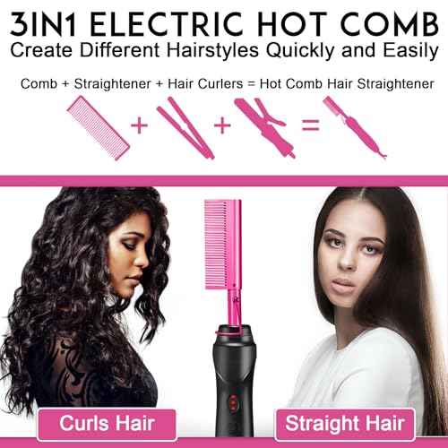 NICEMOVIC Ceramic Heating Hair Straightener Comb - Hot Pressing Brush for Natural Black Hair, Beard Wigs, and Curling (Pink)
