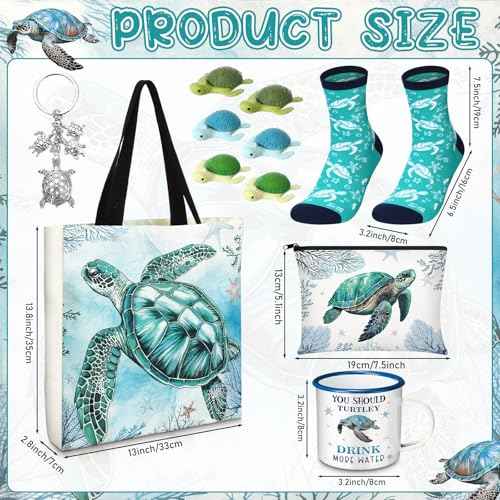 Sea Turtle Lover Gifts for Women Birthday Gifts Baskets Set Include Canvas Tote Bag, Makeup Bag, Socks, Keychain, Enamel Mug, Small Figurines for Mom, Wife, Sister, Friend