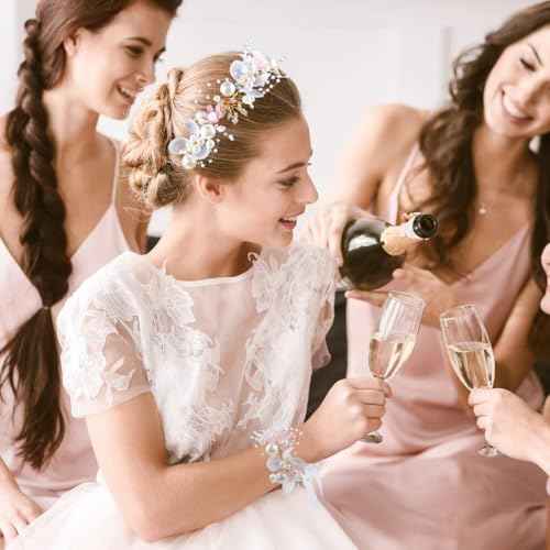 LAPOHI 2 Pieces Wedding Flower Headpieces for Girls, Flower Girl Hair Accessories for Wedding Rhinestones Flower Headband Fairy Pearl Flower Crown for Girls Bridal Crystal Flower Tiara for Women