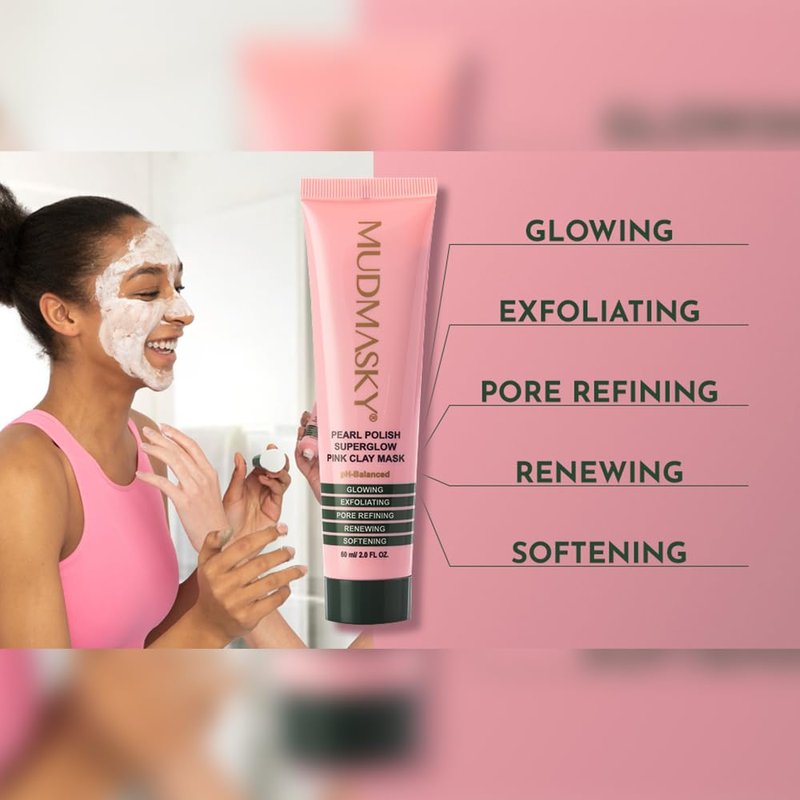 MUDMASKY Pearl Polish Superglow Pink Clay Mask 2.0 OZ - Mask-To-Scrub, MADE IN FRANCE, Made with A+ Grade AUSTRALIAN CLAY and bursting vitamin oil pearls