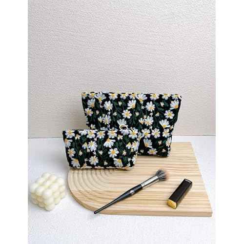 2 Pcs Makeup Bags, Large Cosmetic Bag Travel Toiletry Bag Organizer for Women, Embroidery Craft, Floral Makeup Bag Small Cosmetic Pouch Purse with Zipper Gifts for Girls Teen