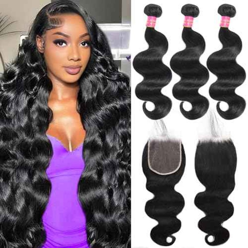 12A Body Wave Human Hair Bundles with Closure 22 24 26+20 Inch 5x5 HD Lace Closure 100% Brazilian Virgin Human Hair 3 Bundles with Closure Deals Hair Extensions Quick Weave Bundle Natural Black
