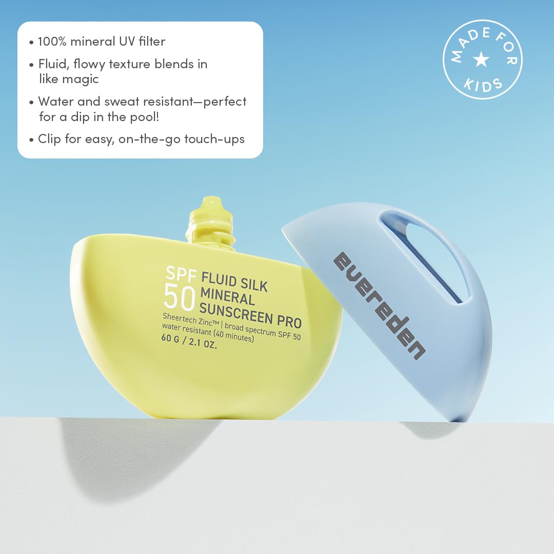 Evereden Kids Mineral Sunscreen SPF 50, Fluid Texture | Water-Resistant, Dermatologist-Tested, Sensitive Skin | Vitamin E, Argan Oil, Zinc Oxide, UVA/UVB Protection | Fragrance-Free Beach Sunscreen