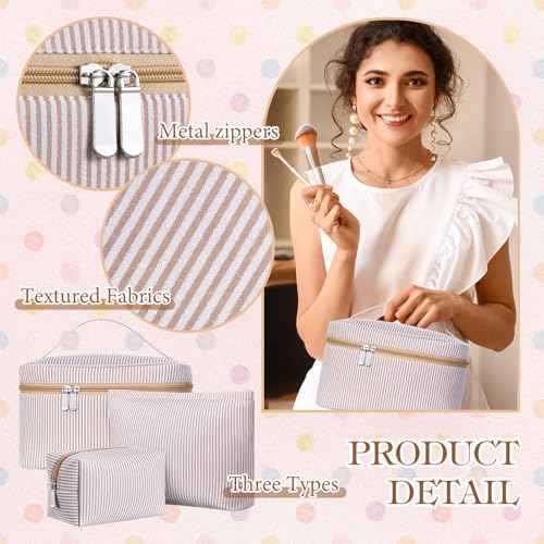 3 Pieces Seersucker Makeup Bag Set Cute Cosmetic Pouch for Women Travel Toiletry Bag Preppy Small Makeup Purse Pouch Aesthetic Skincare Brushes Storage Organizer for Women(Khaki)