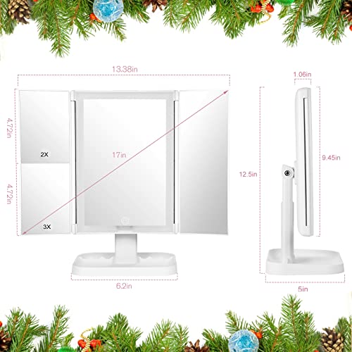 Wireless Rechargeable Lighted Makeup Mirror with 3 Color Lighting, 2000mAh Rechargeable Battery, 10x 3X 2X Magnification, 24 LED, 360 Degree Rotation, Gift for Woman (White)