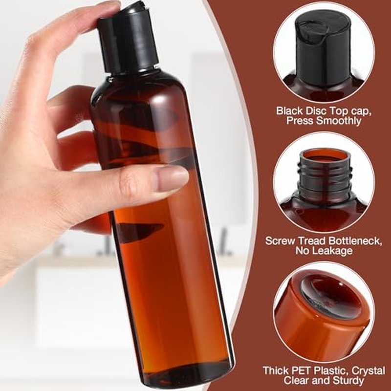 Mimorou 50 Pcs 8.5 oz Plastic Squeeze Bottle with Disc Top Flip Cap Empty Amber Refillable Container Small Travel Toiletry Bottle with Black Cap for Lotion Shampoo Oil Body Soap Creams