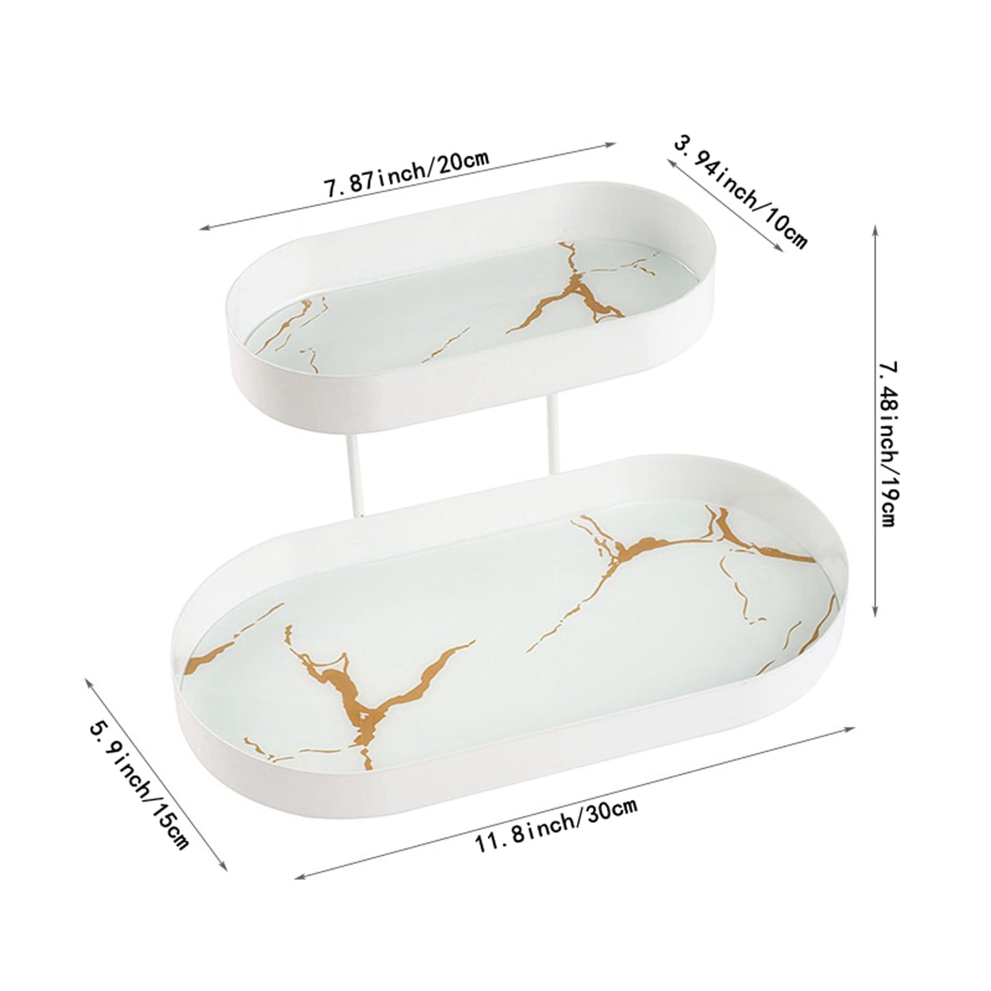 Modern White 2 Layer Metal Perfume Organizer with Marble Stripe Tray - Jewelry & Skincare Display Rack for Bathroom Dresser, Dresser Countertop