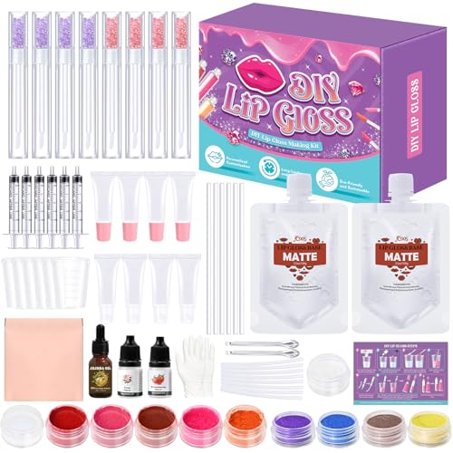 JCOOS DIY Lip Gloss Making Kit - 63PCS Diamond Matte Lip Gloss Base, Tubes & Pigment - Teen Girl Gifts