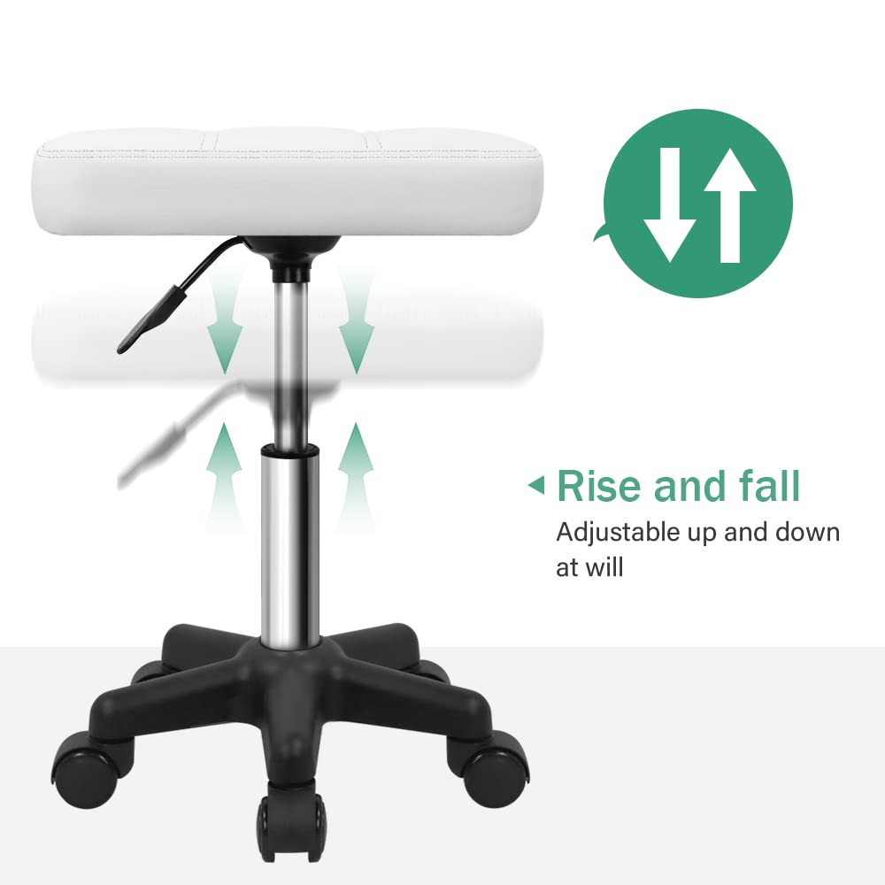 FURWOO Rectangle Rolling Stool with Wheels Height Adjustable Swivel Stool Chair for Spa Salon Massage White