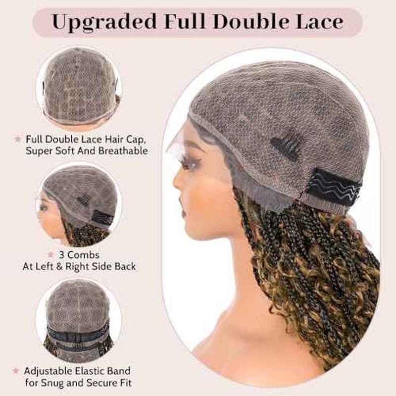 Boho Box Braided Wigs for Black Women Glueless Double Full Lace Human Hair Blended Lightweight Hand Braid Wig with Baby Hair (4-#27, 30 In)