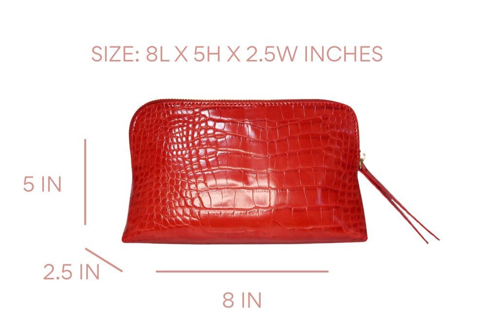 RITTZI Crimson Rêve Crocodile Cosmetic Bag – Elegant Red Makeup Organizer with Vegan Premium Crocodile Texture, Travel-Ready, Spacious Design