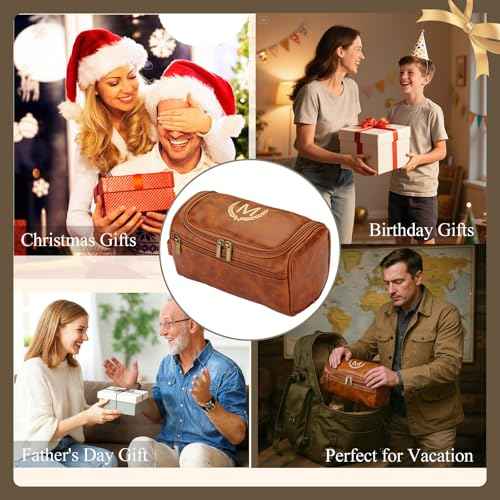 OXYEFEI Personalized Toiletry Bag for Men,Personalized Gifts for Men,Engraved Initial PU Leather Mens Toiletry Travel Shaving Travel Essentials Toiletries Bag for Him Birthday (J, Light Brown)