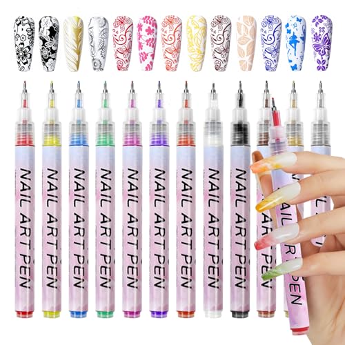 12 Color Nail Art Pens, 0.5 MM 3D Nail Polish Pens Set Drawing Painting Point Liner Acrylic Painted Pen Kit, Waterproof and Quick-drying Nail for DIY Nails Art Design Manicure Tools