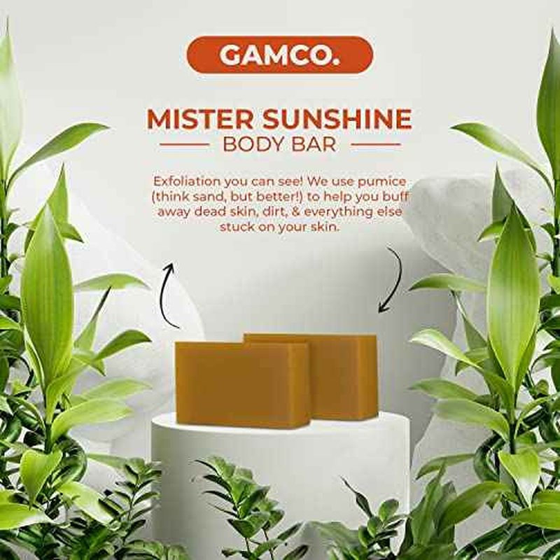 Grown Ass Man Co. Exfoliating Body Bars - Solid Soap with Natural Oils & Gentle Scrub - Plastic Free & Eco-Friendly, Natural & Organic for All Skin, 4oz Bar - Mister Sunshine - Mild Exfoliant, 6-Pack
