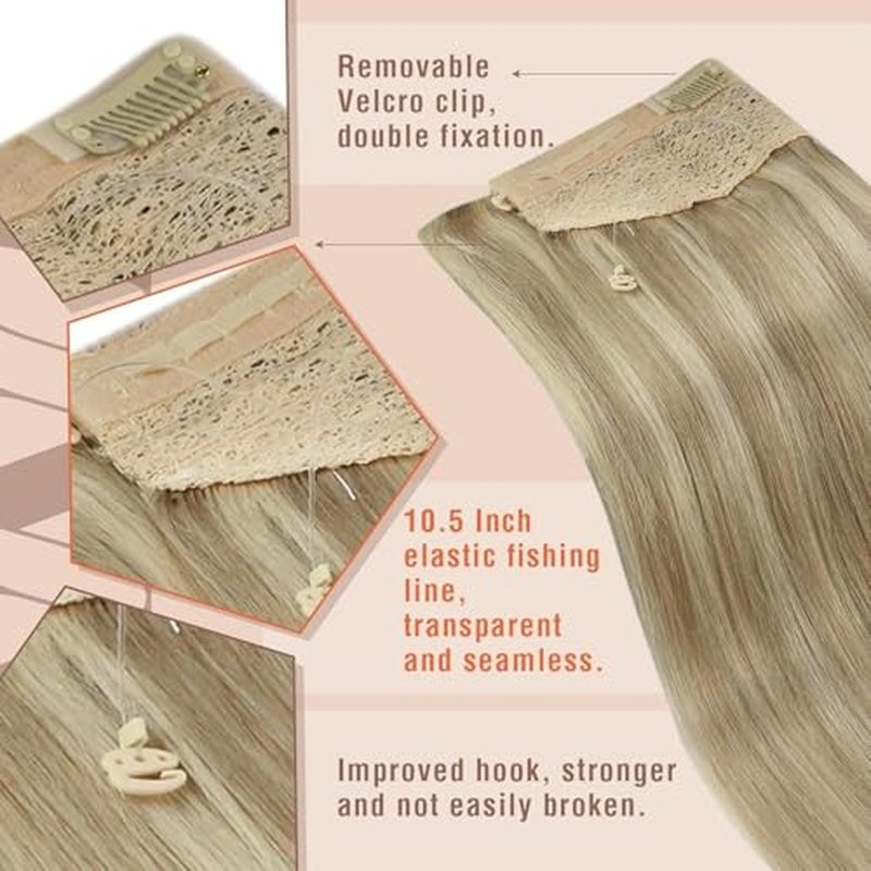 Sunny Hair Wire Hair Extensions Real Human Hair Fish Line Human Hair Extensions Invisible Wire Extensions Golden Blonde with Medium Blonde Highlights #16/22 18 Inch