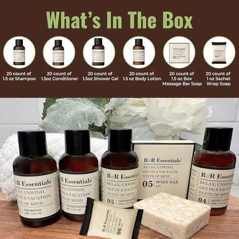 R&R Essentials Hotel Soaps and Toiletries Bundle, Vacation Home Amenities Kit - 1.5oz Shampoo, Conditioner, Shower Gel, Lotion And 2 Bar Soaps - Travel Size (120 pc)