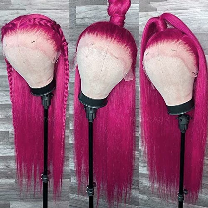 Maycaur Long Straight Hot Pink Lace Front Wigs Pre Plucked Hairline Glueless Hair Rose Red Synthetic Lace Front Wigs for Fashion Women Heat Resistant Fiber