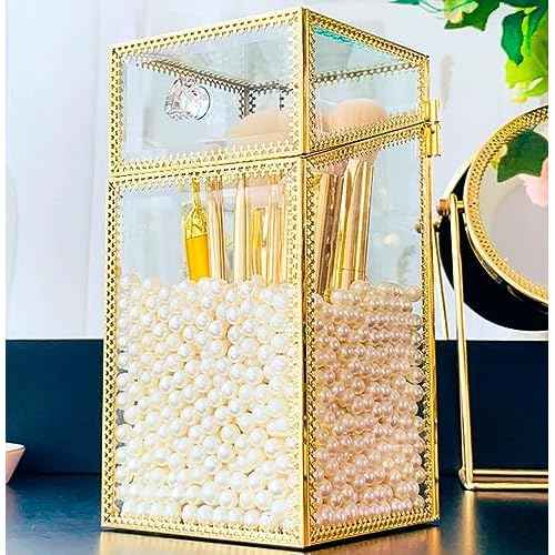 Makeup Brush Holder Organizer with Lid, Glass Cosmetic Make Up Brushes Container, Clear Makeup Tool Storage Box Cup with Pearls, Vintage Dustproof Vanity Decor for Countertop Desktop