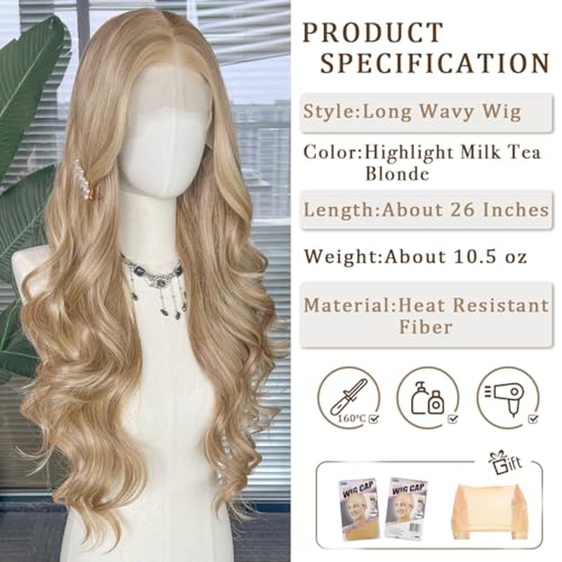 SAPPHIREWIGS Ash Blonde Lace Front Wig 13x4 Synthetic Lace Front Wigs Pre Plucked Highlight Milk Tea Blonde Glueless Long Wavy Wigs for Women Daily Party Use 26 inch