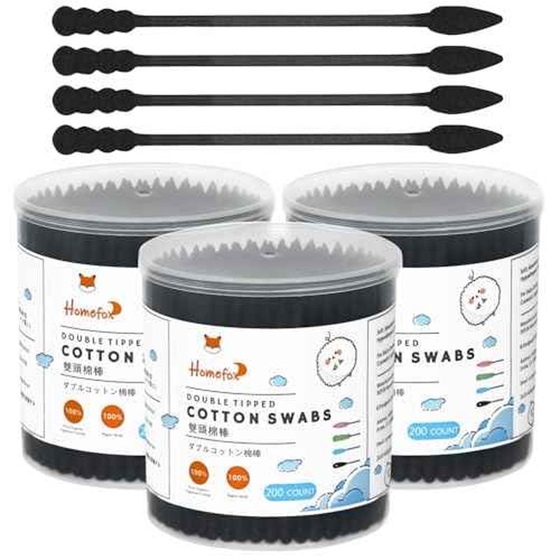 Black Cotton Swabs Spiral Pointed - 600 Count Organic Cotton Buds Charcoal Gothic Double Side Tightly Wrapped Precision Cotton Tips Paper Stick Soft Gentle Lint-Free, Spiral & Pointy (Black)