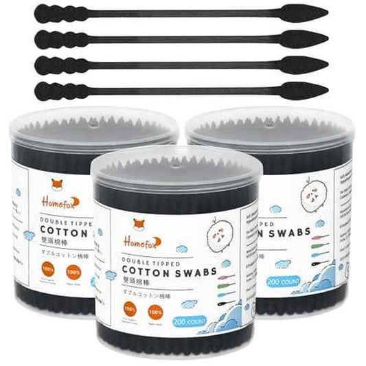Black Cotton Swabs Spiral Pointed - 600 Count Organic Cotton Buds Charcoal Gothic Double Side Tightly Wrapped Precision Cotton Tips Paper Stick Soft Gentle Lint-Free, Spiral & Pointy (Black)