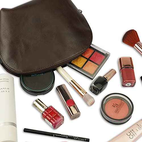 Leather Cosmetic Bags Make Up Bags for Women - Handmade Makeup Case Small Makeup Bags Jewelry Coin Pouch, Toiletry Bag for Men, Travel Cosmetic Pouch For Purse Brown