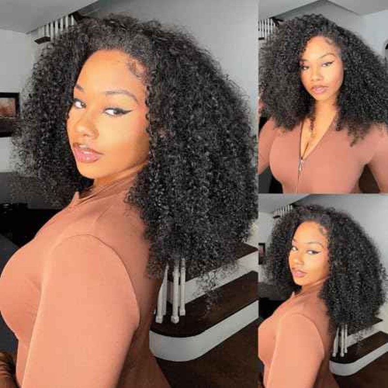 Kinky Curly Half Wig Human Hair 200% Density Wear Go Glueless Wigs Human Hair 20 Inch Curly 3 In 1 Half Wigs for Women Drawstring Seamless Flip Headband Wig Beginner Friendly