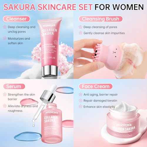 Sakura Skin Care Set for Teen Girls, Skincare Gift Set for Teens 10-12, Hydrating & Soothing, 5 Pcs Collagen Skincare Routine Kit for Women with Cleanser, Serum, Cream, Bunny Headband, Cleansing Brush