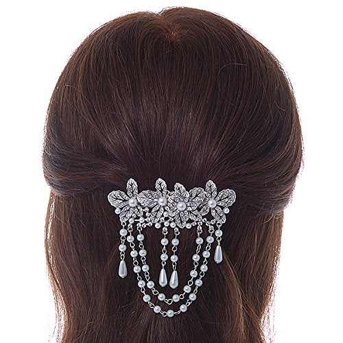 Rhodium Plated Floral Barrette Hair Clip - Clear Crystal & White Faux Pearl | 95mm