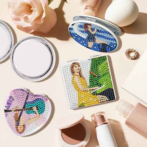 4 Pcs DIY Diamond Painting Compact Mirrors, Portable Folding Purse Mirror Kits for Women Girls, Pocket Makeup Mirrors for Mother¡¯s Day, Birthday, Party Favors, Classroom Crafts