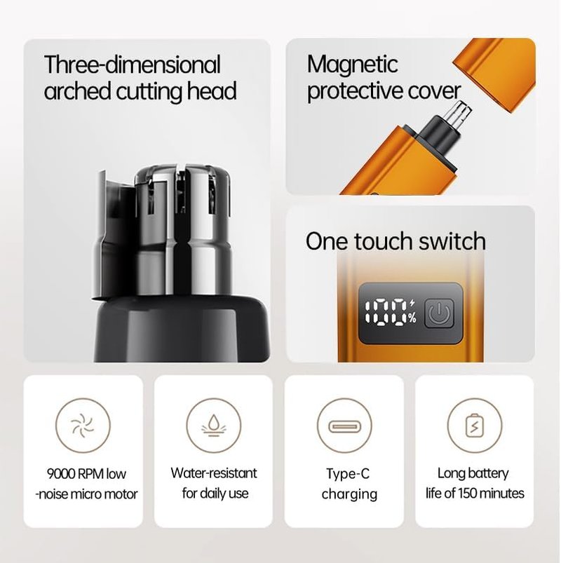 Nose Hair Trimmer - USB-C Rechargeable, Pain-Free & Low-Noise | Travel-Sized, Detachable Head