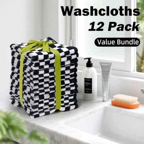 Jacquotha Washcloths 12 Pack in Black and White, Checkered Wash Cloth Set, 13¡± x 13¡±