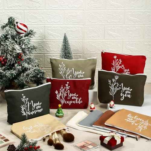 Coume 10 Pcs Boho Flower Canvas Makeup Bags Bulk, Christmas Aesthetic Inspirational Quotes Cosmetic Zipper Encouragement Travel Pouch Toiletry Bag Women Teacher Friend Birthday Gift
