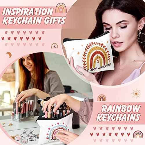Pinkunn Christmas Rainbow Canvas Cosmetic Bag Bulk with Inspirational Quote Keychains Set 16 Pcs Cosmetic Bags 16 Pcs Keychains You are Amazing Beautiful Kind Travel Pouch Zipper