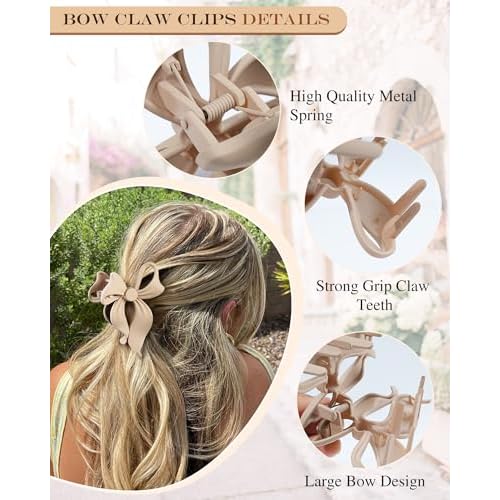 4 PCS Bow Hair Clips Bow Claw Clip for Women, Large Hair Claw Clips for Thin Thick Long Hair Cute Nonslip Bows (Black+Grey+Dark Brown+Light Brown)
