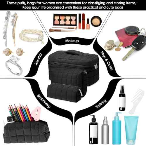 3 Pcs Large Puffy Makeup Bag Set Quilted Cosmetic Pouch for Women Cute Checkered Travel Toiletry Bag Puffer Makeup Organizer Purse Pouch Preppy Pencil Case with Zipper(Black)