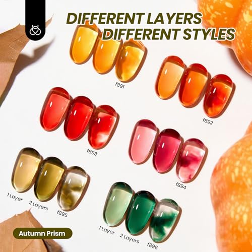 Beetles Jelly Gel Nail Polish Set - Autumn Prism Jelly Gel Polish, 6 Colors Fall Gel Polish Kit Yellow Orange Burgundy Red Purple Green Sheer Translucent Soak off UV Nail Art Manicure Gift for Women