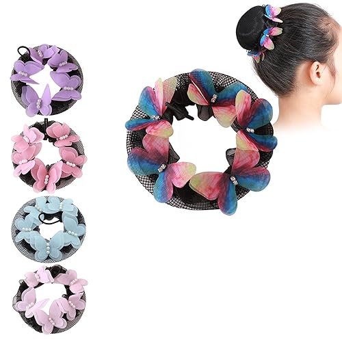 5pcs Colored Elastic Hair Net Bun Covers for Girls Women Kids Medium Sized Hair Mesh with Butterfly Flowers Deco Dance Skating Snood