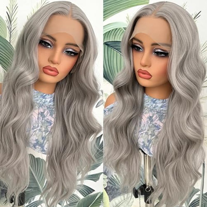 Lovestory 13X4 Silver Gray Long Wavy Synthetic Lace Front Wig For Women Free Part Loose Curly Grey Lace Front Wigs Glueless Heat Resistant