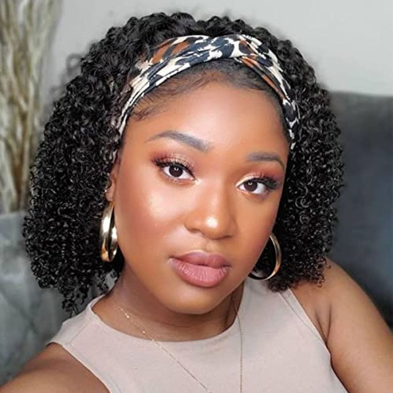 Short Curly Headband Wigs Human Hair Wig for Black Women, Glueless Kinky Curly Weave Wigs 100% Unprocessed Hair None Lace Front Wigs Color 1B 150% Density (14", 1B, Curly)