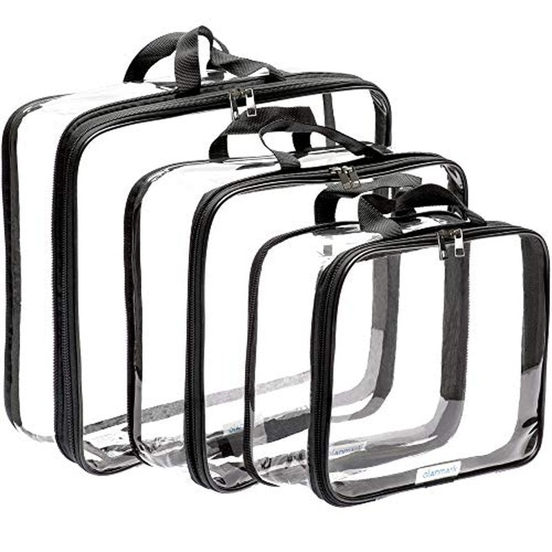 Clear Compression Packing Cubes 3 Set - Large See-Through Plastic Suitcase Bags for Travel - Luggage Compressable Organizers - Transparent PVC Collapsible Cosmetic Bag for Backpack Black