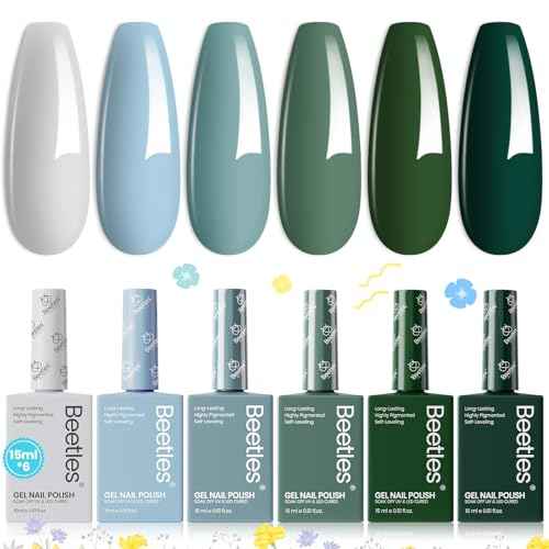 Beetles Fall Gel Nail Polish Set, 6 Colors 15ML Green Gel Nail Polish Kit Winter Nails Misty Gray Dark Green Baby Blue Full Size Nail Gel Polish Soak Off UV Lamp DIY Manicure Salon Gifts for Women