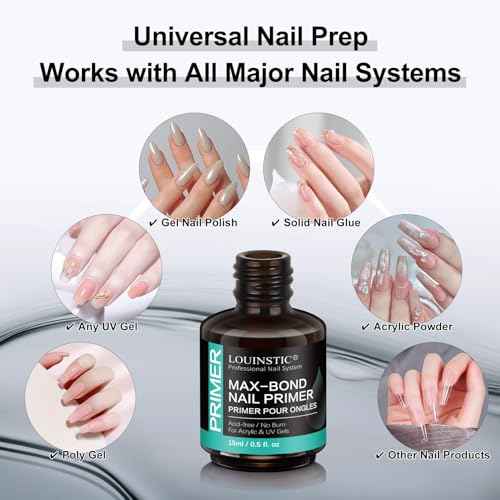 LOUINSTIC Acid-Free Nail Primer 15ml - Hema-Free Nail Prep for UV Gel, Builder Gel, Gel Polish & Acrylic Nails - No-Burn & No-Lift - Quick Air Dry, Low-Odor, Low-Irritant, Salon & Home Use