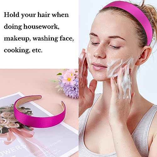 Wecoe Hot Pink Headband 1.2 Inch Wide Silk Satin Headband Women Non Slip Fashion Back to School Plain Head Band Solid Hair Band DIY Holiday Hair Accessories for Women Girls Diademas Para Mujer Gifts