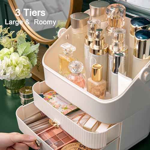 Preppy Skincare Organizers Makeup Organizer Holder Cosmetic Storage Box Display Case 3 Tiers Dust Free Cover Portable Handle 2 Rroomy Drawers Gift Great For Bathroom Countertop Dresser Ivory White