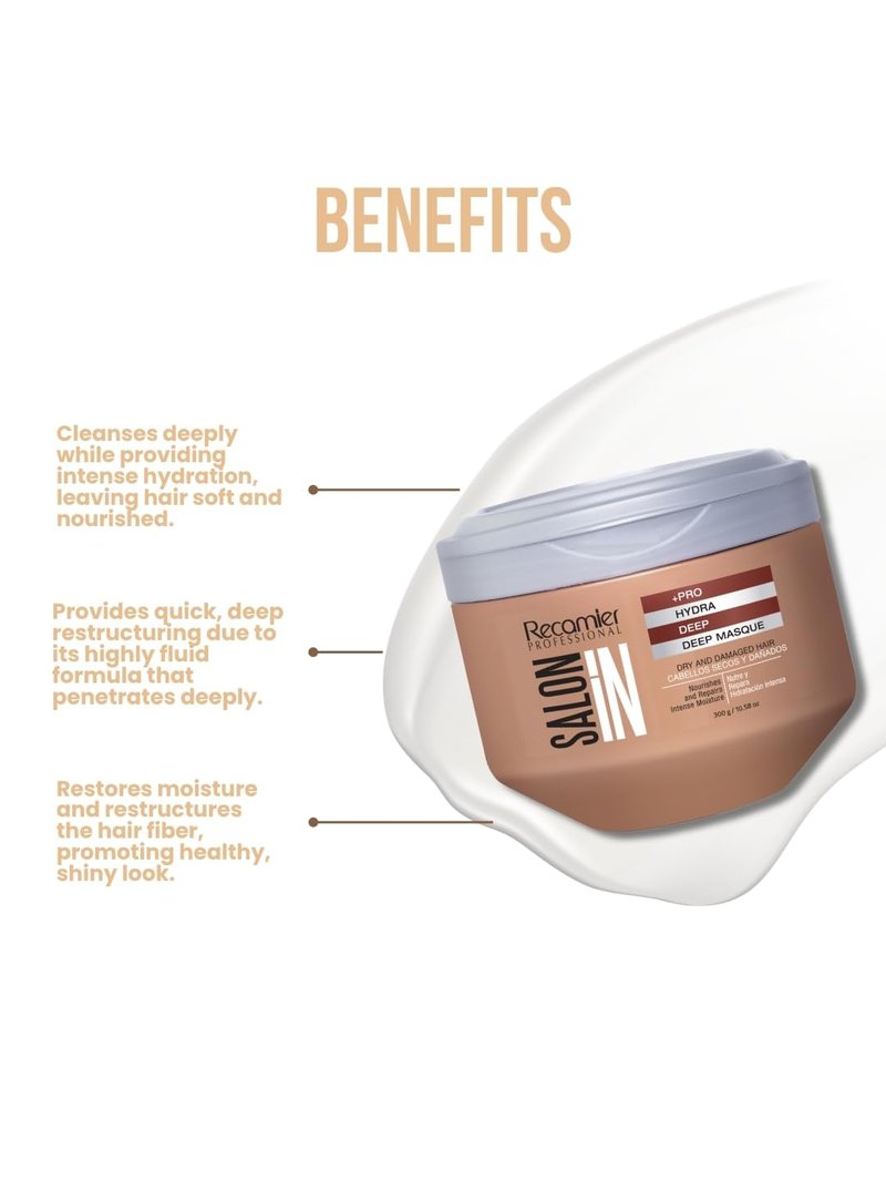 Salon In by Recamier | Hydra Repair Deep Treatment Mask | Intense Hydration & Repair for Dry, Damaged Hair | 10.58 oz / 300 g