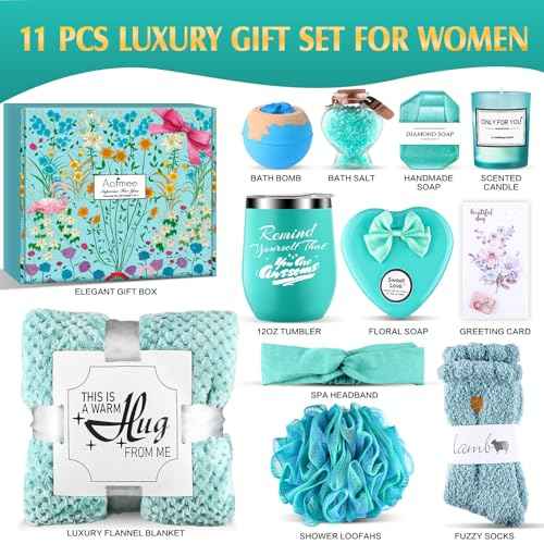 Birthday Gifts for Women, Thinking of You Gift Care Package with Luxury Flannel Blanket for Women Mom Her Wife Friends Sister, Blue Self Care Spa Relaxing Baskets for Christmas Valentines Mothers Day