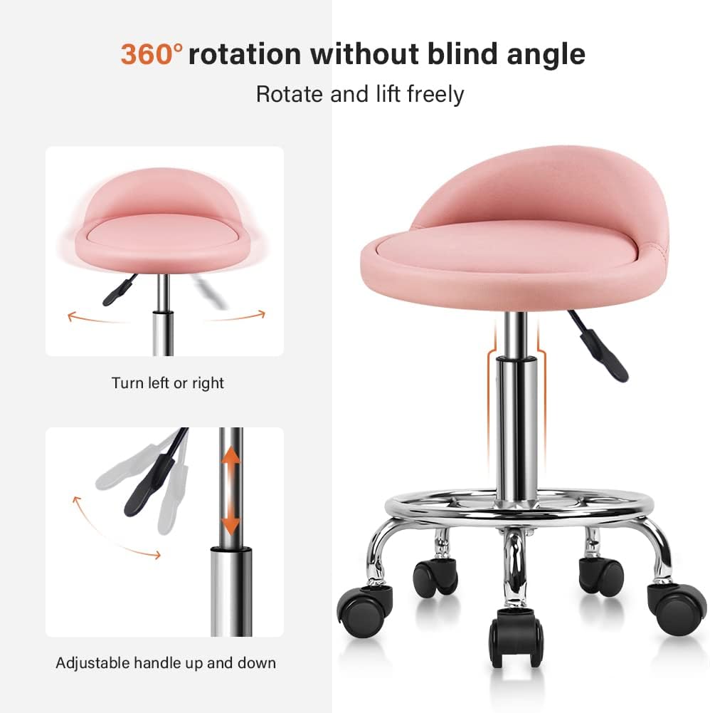 PU Leather Round Rolling Stool - Height Adjustable Swivel Drafting Chair with Foot Rest | Pink