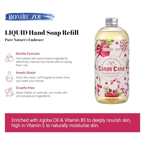ROMIIE ZOI Christmas Liquid Hand Soap Refill- Candy Cane- Infused with Peppermint Candy Cane Aroma, Gentle & Moisturizing Formula for Home & Kitchen, 750 ML/ 26 FL OZ